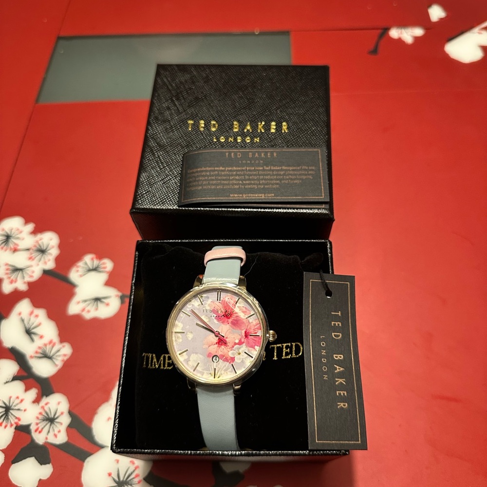 Ted Baker Watch with Floral Dial and Light Blue Strap